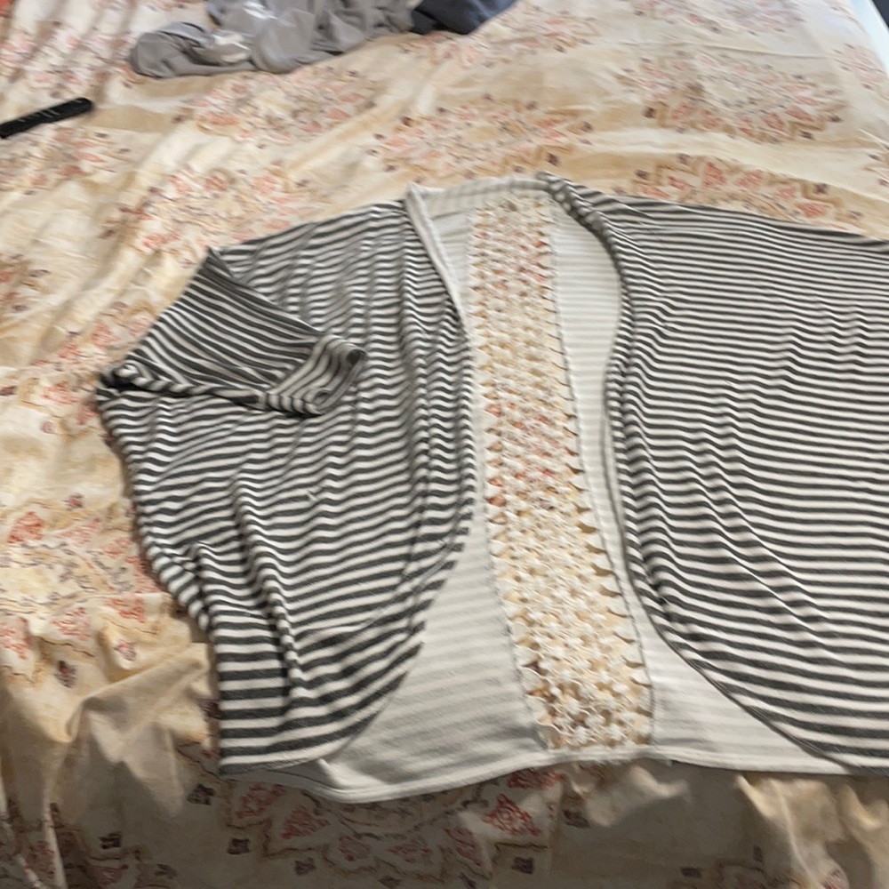 Gray and white striped shrug with lace insert